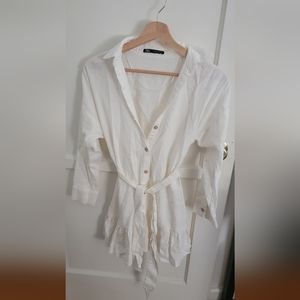 Zara Linen Blend Long Sleeve Ruffle Hem Belted Dress